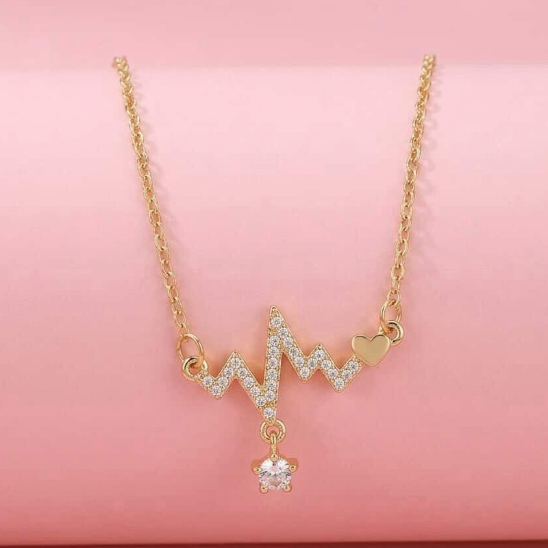 Gold Tone Yellow Gold Plated Cable Chain Heartbeat Pendant Charm, White Sim