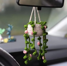 Car Plant Crochet Hanging Basket Cute Rearview Mirror Hanging Ornament Car Decor