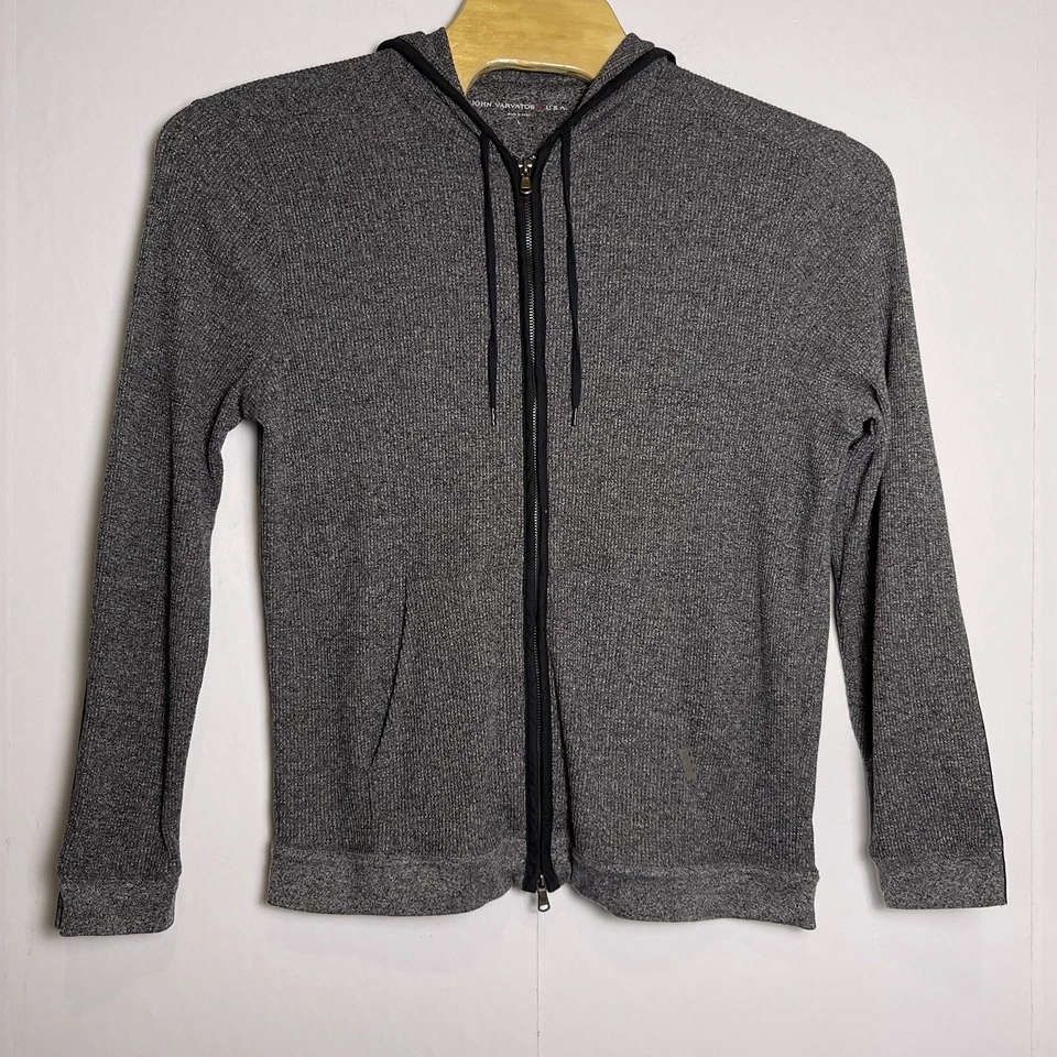John Varvatos Hombre Grande Gris Tejido Gofre Cremallera Sudadera con Capucha Parche en el Codo Foto 2 de 4