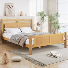 Wooden 4ft6 Double Bed 135x190cm with Rattan Headboard & Footboard, Sturdy Slats