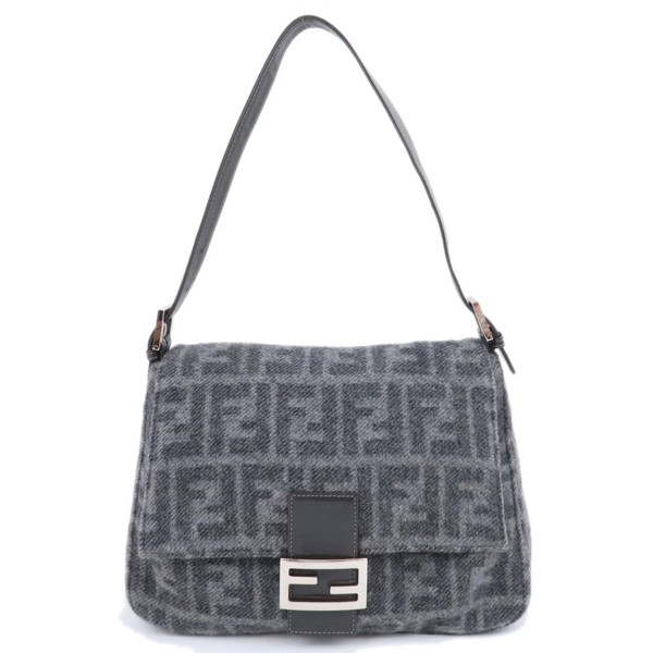 FENDI Zucca Mamma Baguette Cashmere Shoulder Bag Gray Black Silver HDW Authentic