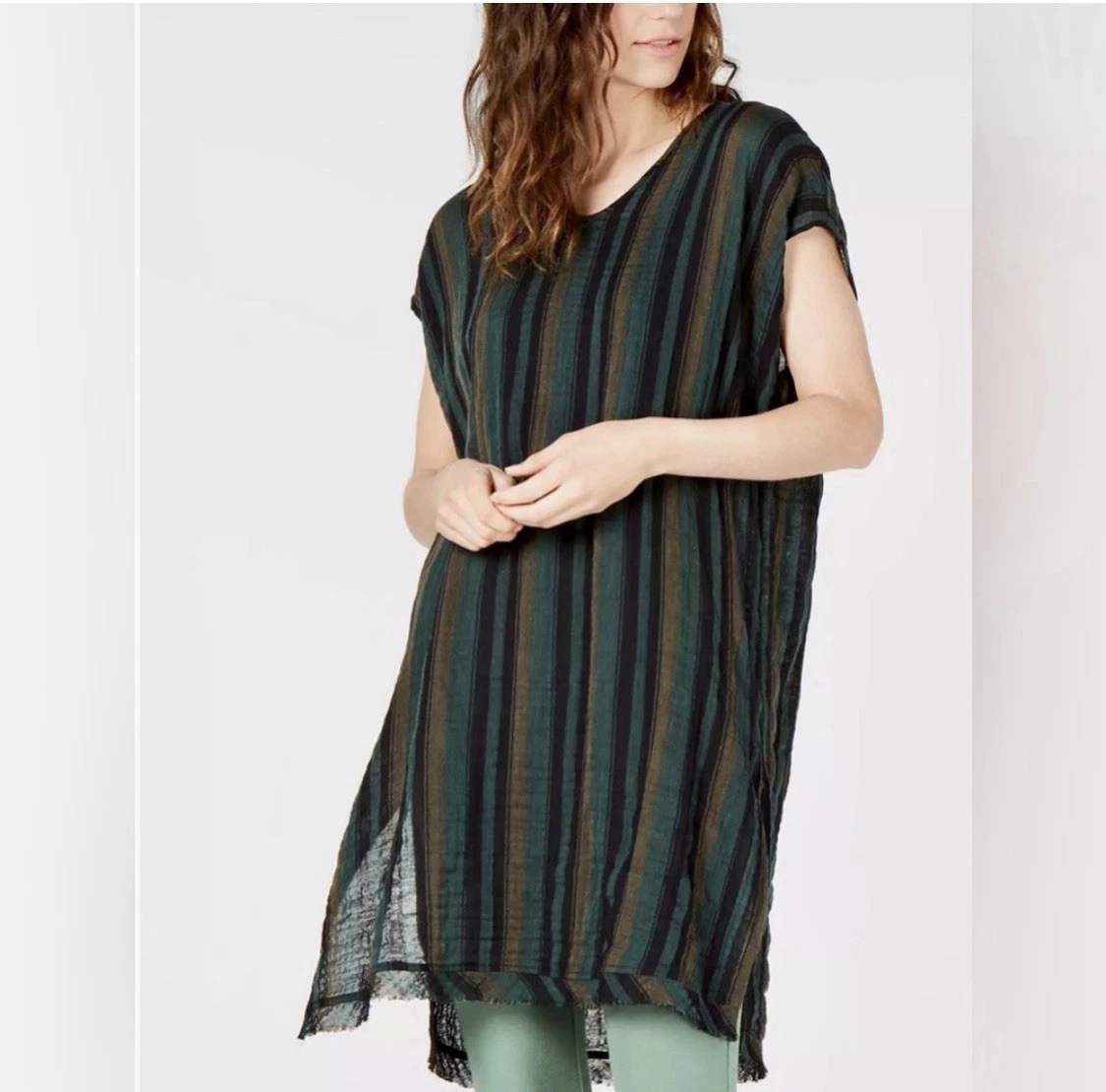 Eileen Fisher Tank Tunic Dress Poncho Striped Green Organic Cotton Large XL