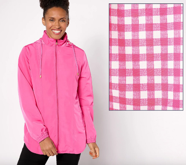 Susan Graver Hooded Windbreaker with Printed Lining , Pink Sz M a633388
