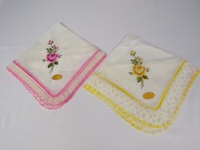 NEW 2 True Vintage Embroidered Floral Handkerchiefs Lace Edges Pinks Yellows D25