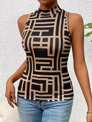 Griechisches Druck Mock Hals Tanktop, Elegantes Ärmelloses Tanktop Größe M Neu