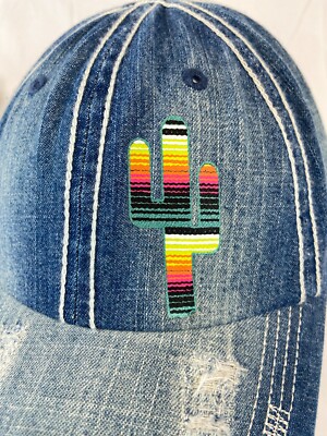 Womens Aztec Cactus Baseball Cap Buckleback Hat Blue Denim  display picture 2