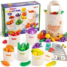 Kids Wooden Farmers Market Color Sorting Educational Toys Pretend Play Food Set