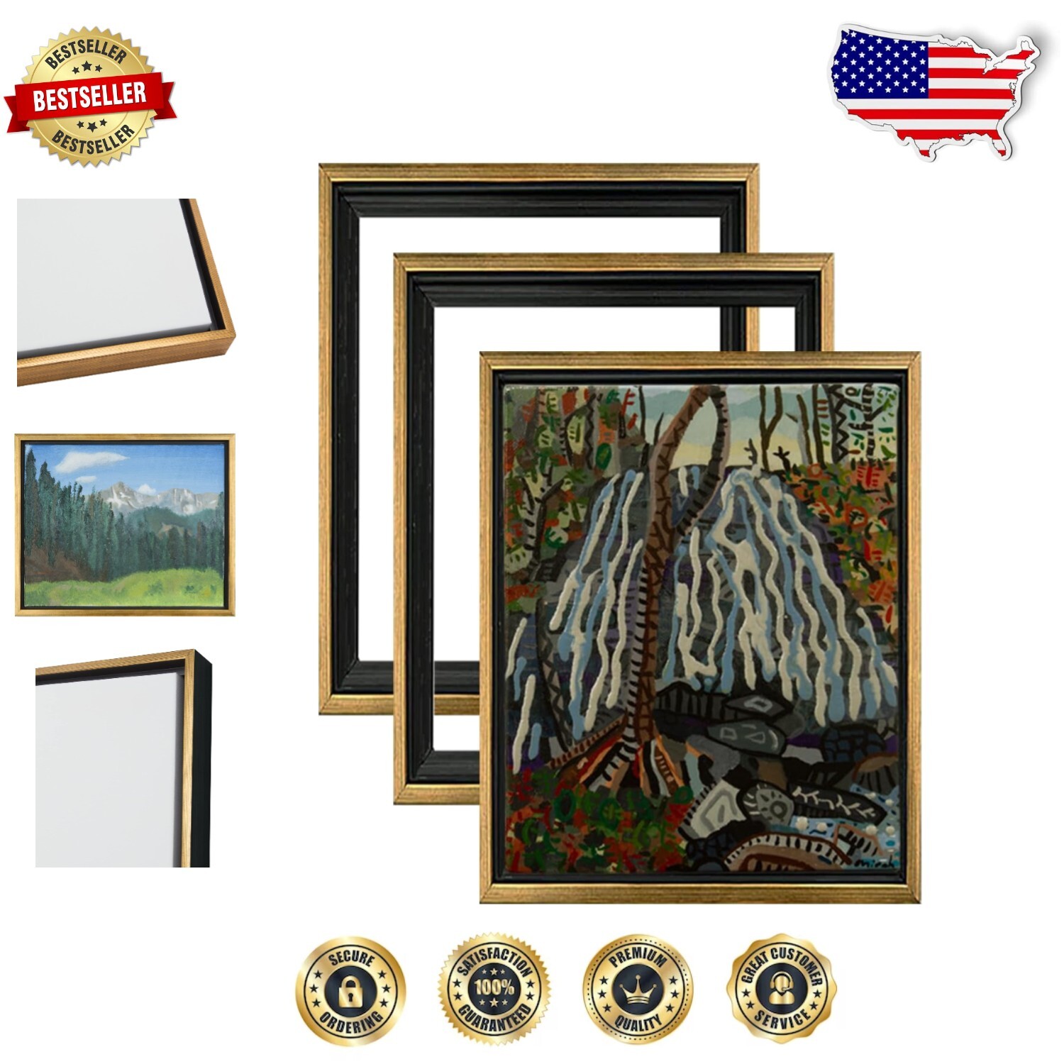 Elección artesanal: paquete de 3 marcos flotantes 16x16 en negro/oro antiguo - fácil configuración