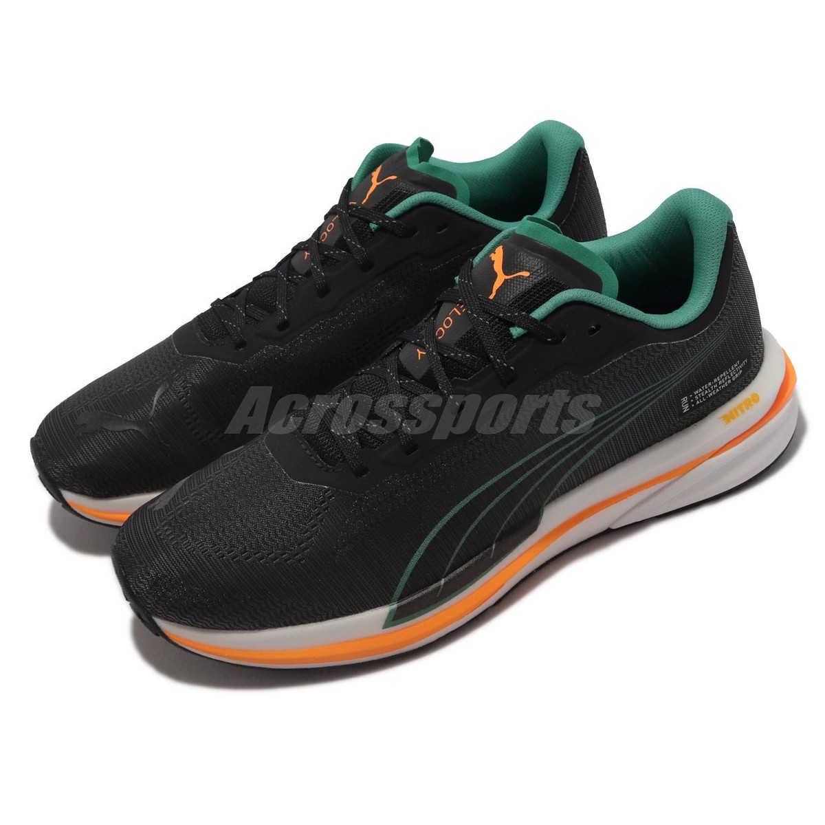 Puma Velocity Nitro WTR Black Green Orange Men Running Shoes 