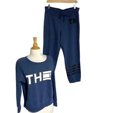Tommy Hilfiger Sport Women Large Navy Blue Sweatshirt Jogger Pants Set Retro