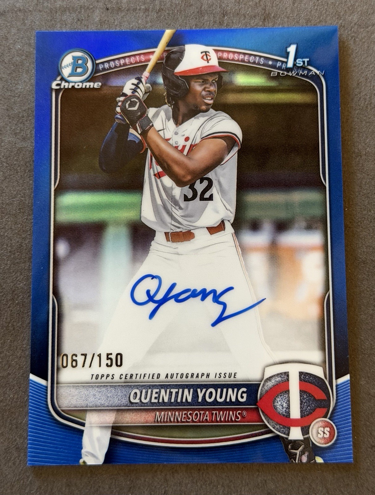 2025 Bowman Draft Quentin Young 1st Bowman True Blue Refractor Auto 67/150 Twins