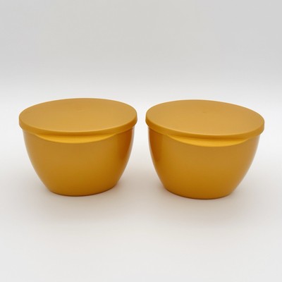 2 Tupperware Gold Toned Chip & Dip Side Hanging Cup Bowl For Snacks Salsa (4626)