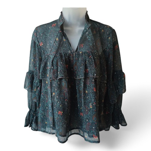 Lucky Brand Women's Green Boho Sheer Ruffle Blouse Romantic Paisley Floral Small - Picture 1 of 15