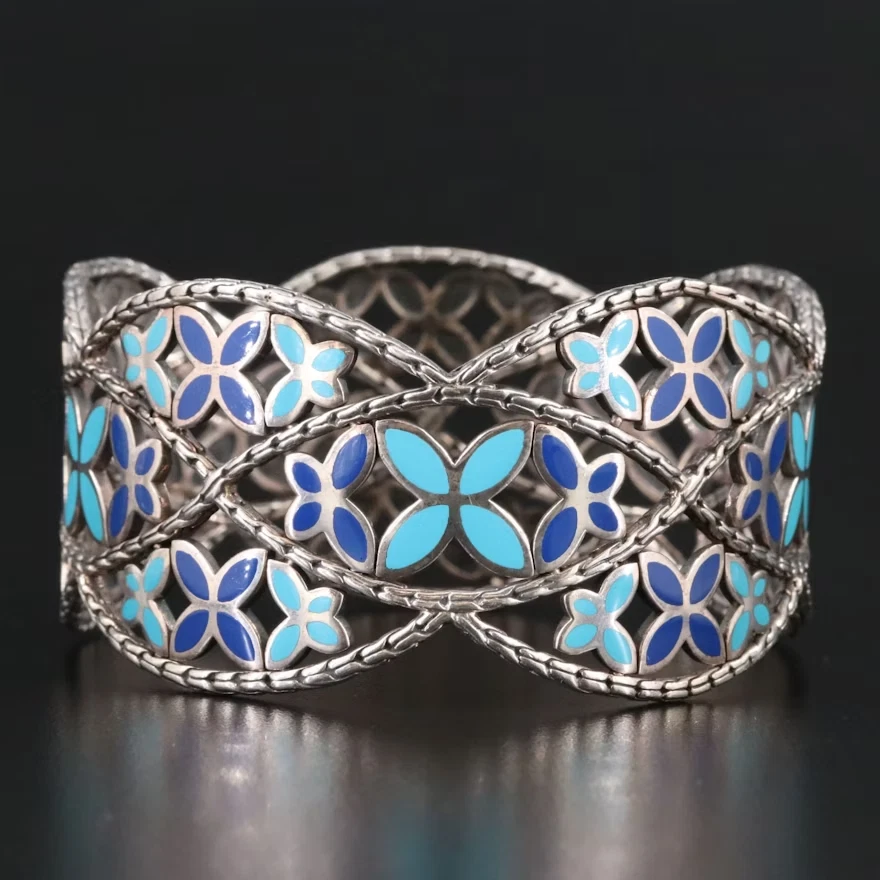 John Hardy Sterling Silver Blue Floral Enamel Kawung 7.5" Inch Bangle Bracelet - Image 2 of 4
