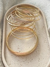 Gold Tone Bangle Bracelet Set Of 13 Lot Textured Rhinestone Mixed Stack Layering