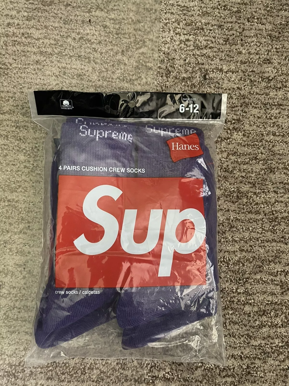 Supreme / Hanes Purple Crew Socks 4 Pack size 6 12