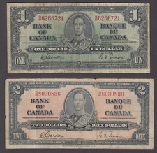 CANADA P.58b-59b  1+2 DOLLARS 1937 SIG GORDON-TOWERS  SEE SCAN LOW SHIPPING 2104
