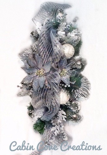 Christmas Floral Arrangement Swag Holiday Centerpiece Blue Silver Snow Flocked - Picture 6 of 12