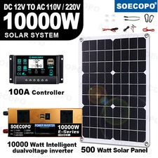 10000W Solar Kit 500W Panel 100A MPPT Controller DC Cable 12V/24V to 220V/110V