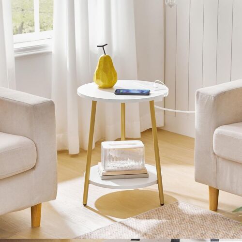 End Table with Charging Station 2-Tier Round Side Table 15.7”L x 15.7”W x 19.7”H