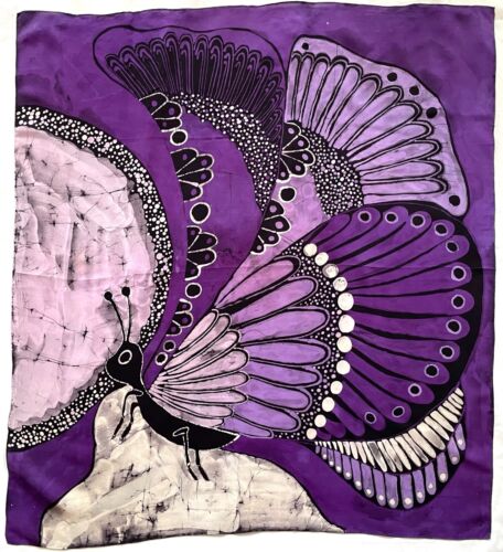 Traditional WAX BATIK Artisan BUTTERFLY Purple Pink Black Handmade Silk Scarf - Afbeelding 1 van 5