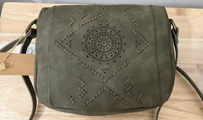 Vegan Leather Crossbody OLIVE GREEN Stitched & Laser Cut Revive Vintage NWT Gift