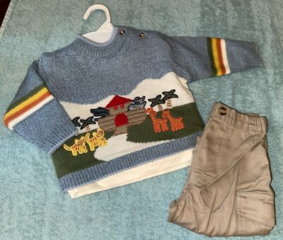 NWOT B. T. Kids Sz 6-9mths Sweater Shirt Pants Noah s Ark 3pc Set