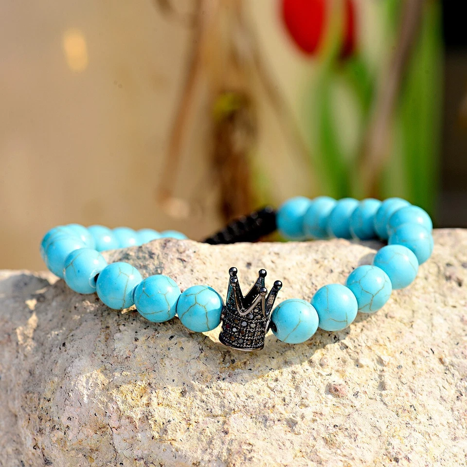 Moda Hombres Pulsera Corona Circonita cúbica Cuentas Cuentas Piedra Howlita Natural Pulseras Foto 3 de 4