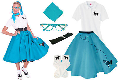 Hip Hop 50s Shop Womens 8 pc Teal Poodle Skirt Outfit Halloween Dance Costume