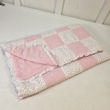 Handmade Pink Gingham Rosebud Baby Quilt 46x42 Eyelet Lace Cottagecore