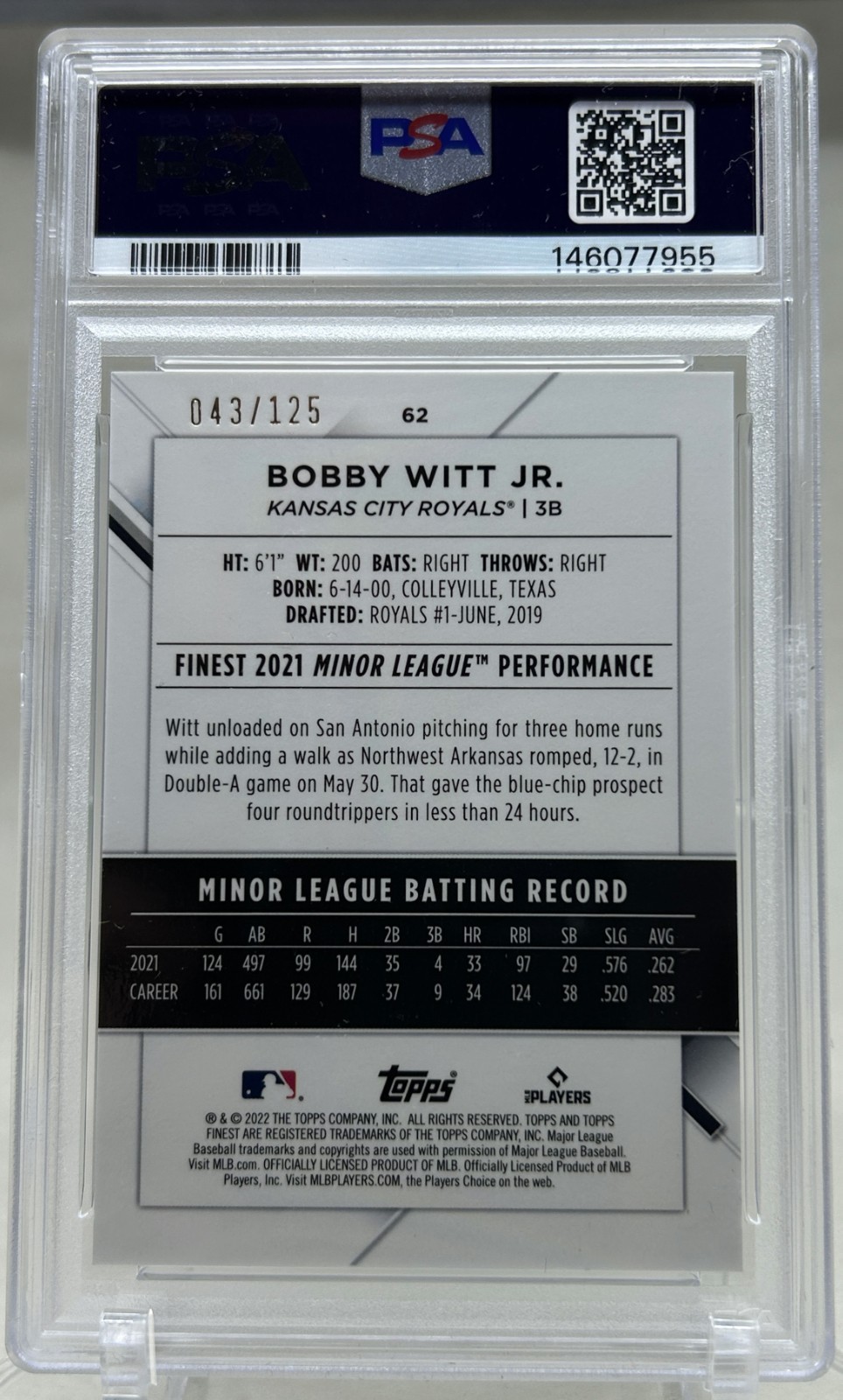 Bobby Witt Jr 2022 Topps Finest RC Green Speckle /125 PSA 8 Royals Rookie view 3