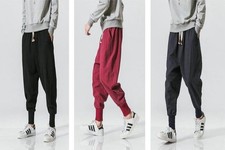 Cotton Linen Harem Pants Men Solid Elastic Waist Streetwear Joggers New Baggy