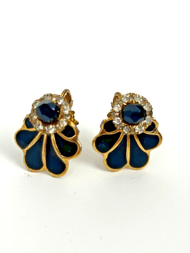 MIRIAM HASKELL Black Crystal & Enamel on Gold Tone SCREW BACK  Earrings Signed