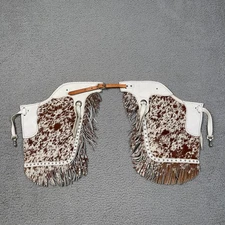 KJ Leather Kids Western Rodeo Chaps Hair on Hide Cow White Leather Fringe USA