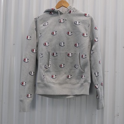 Champion Reverse Weave All Over Logo Hoodie Sweatshirt Heather Gray Men's Small
