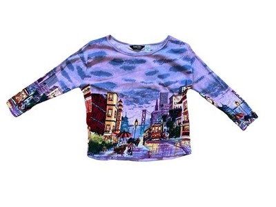 Take Two Clothing Top Womans 1X Shirt Abstract Watercolors Trolley Scene Beaded
