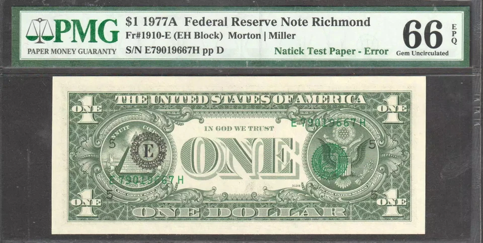 $1 1977-A FRN Natick Test Paper with Overprint on Back Error PMG Gem Unc 66 EPQ - Image 2 of 2