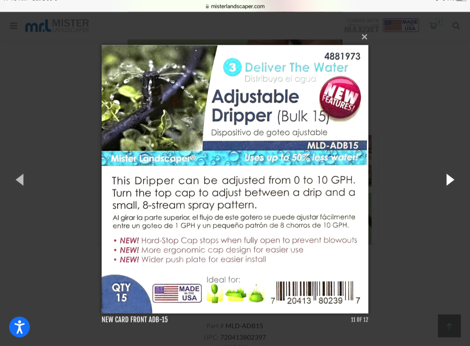 Mister landscaper 0 to 10 GPH adjustable dripper. Two 15 packs