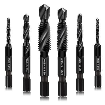 6 Packs Combination Drill & Taps Bit Set, Screw Tapping in SAE Size 6-32Nc 8-32N