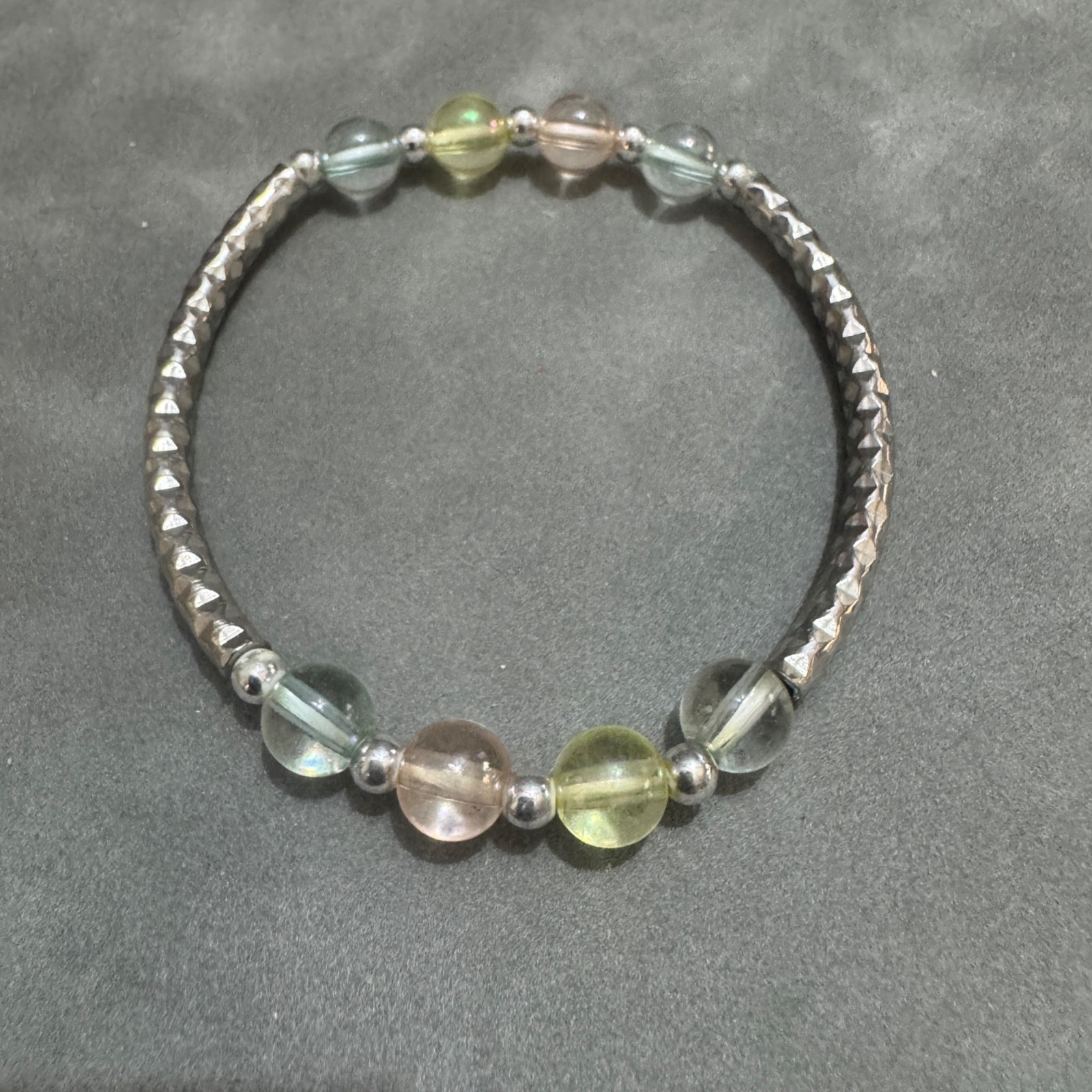 Multi Gemstone Silver Beaded Stretch Bracelet Rou… - image 1