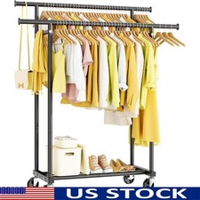 Double Rods Clothes Rack Rolling Garment Stand W/ Wheels & Locking Casters New
