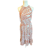 Nine West L Brown White Zebra Print Halter Sundress Sleeveless Knee Ruffle Lined