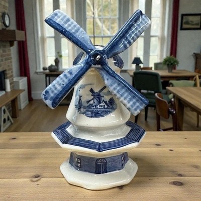 Vintage Delft Holland Hand Painted Blue & White Ceramic Floral Windmill 5''