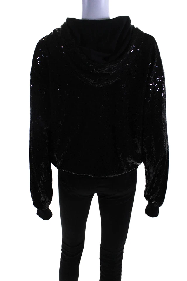Pam & Gela Womens Cotton Sequenced Textured Long Sleeved Hoodie Black Size S - Image 3 of 4
