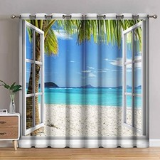Ocean Beach Palm Trees Blackout Curtains Summer Tropical Island Decor Seasi