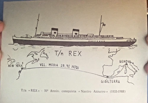 Postcard REX SHIP NEW YORK GIBRALTAR GENOA 50TH CONQUEST BLUE RIBBON-2265