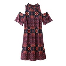 Ladies Open Shoulder Dress with Mock Neck - Black, Red, Orange, Multi - Size 1X