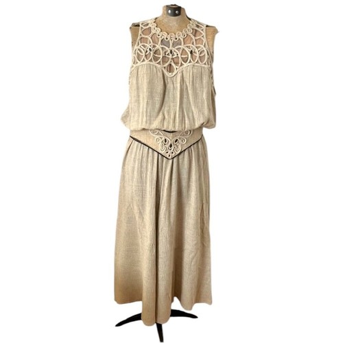 Vintage Spencer Alexis beige ärmellos transparent Perlenausschnitt Boho Maxikleid keine Größe