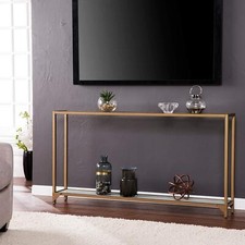 Gold Narrow Metal Console Table White Glam Rectangle Glass Iron MDF Goldtone