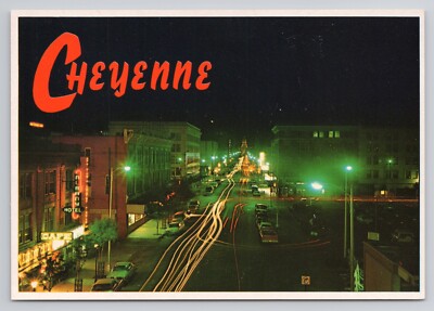 Cheyenne Wyoming Capitol Avenue and Business District Night View Postcard